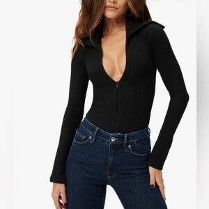 Good American Black funnel Ribbed Zip-Up Hoodie Jacket size 1 NEW